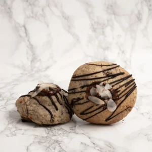 Två beige kokoscookies med mörk chokladdrizzle och kokosflagor på toppen mot marmorbakgrund